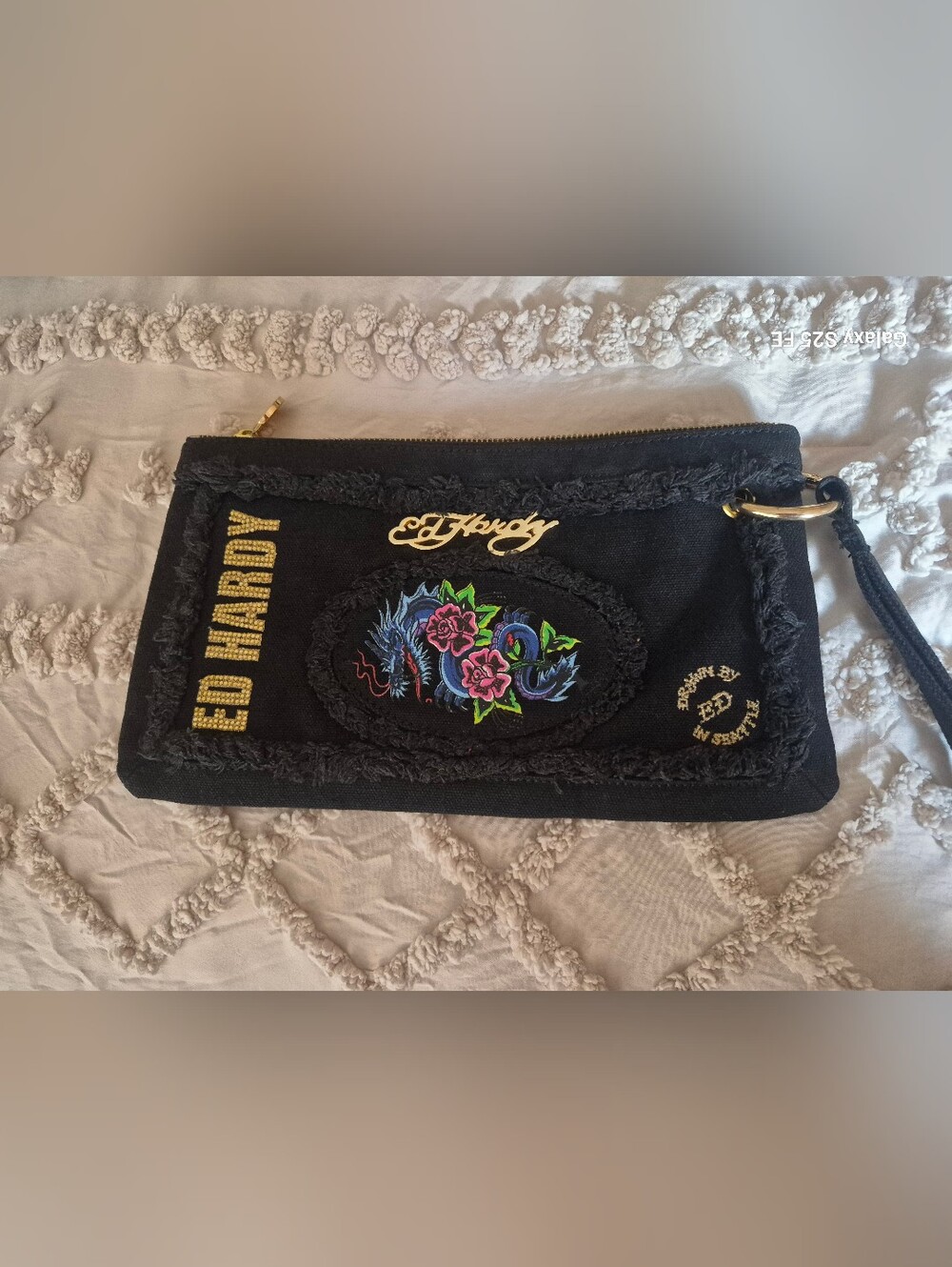 Ed Hardy Vintage Black Floral Dragon Canvas Clutch